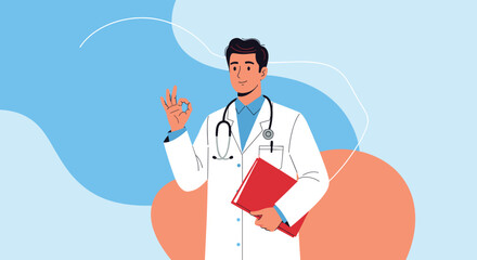 A friendly male doctor in a white coat with a stethoscope makes an okay hand gesture to show that everything is fine.