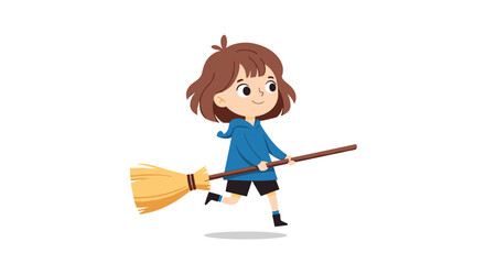 A cute little girl in a blue hoodie playing and pretending to fly on a simple household broom on a white background.