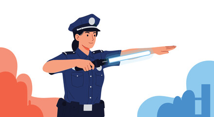 A female traffic police officer using a glowing light baton to direct vehicles and ensure road safety in the city.