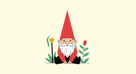 A charming garden gnome with a red hat and white beard sitting peacefully among flowers and plants in a simple garden.