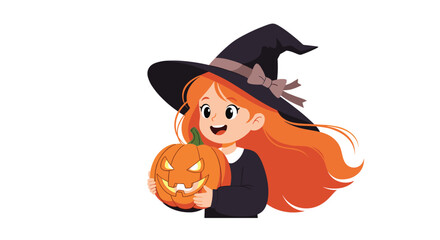 A cute girl with long red hair dressed as a friendly witch smiling and holding a carved jack-o'-lantern for Halloween.