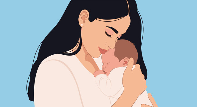 A loving young mother with long dark hair gently holds and cuddles her precious sleeping newborn baby against a blue background.