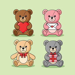 Naklejka premium Four adorable teddy bears in various colors and poses perfect for childrens designs and cute illustrations.