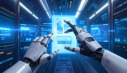 Robotic Hands Interacting with Digital Interface in High-Tech Data Center AI Concept