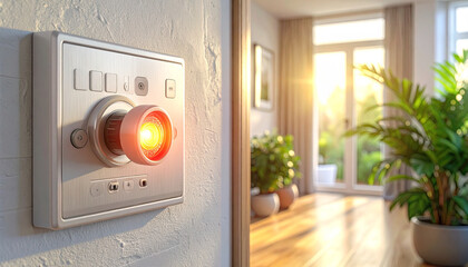Smart Home Thermostat Control Panel in a Modern Sunny Living Room