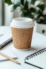 Reusable coffee cup with cork sleeve and white lid on desk next to notebooks and pencil with plant in background