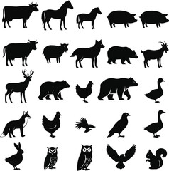 Vector Set of Animal silhouettes, farm animals and wildlife collection, domestic animals icons, black simple design, nature illustration for decor, livestock and wild creatures graphics