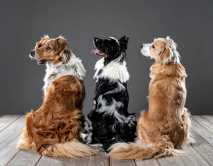 Three well-groomed canines of various colors sit side-by-side on a wooden floor against a gray backdrop, looking off-camera