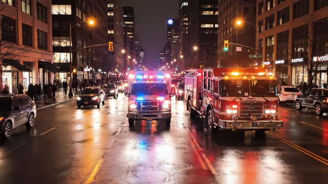 Emergency vehicles on city street at night