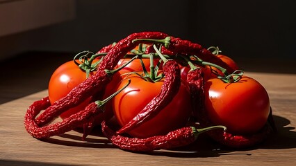 Fresh Tomatoes with Red Chili Peppers on Wood.