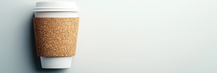 White takeaway coffee cup with cork sleeve on light blue background with copy space. Morning coffee to go concept