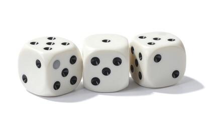 Three white, square dice with black dots are set against a plain white background. The dice are arranged casually