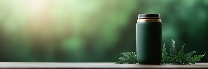 Product mockup of a green reusable water bottle on a wooden table outdoors. Blurry nature background with fern leaf. Banner with copy space for sustainable lifestyle concept