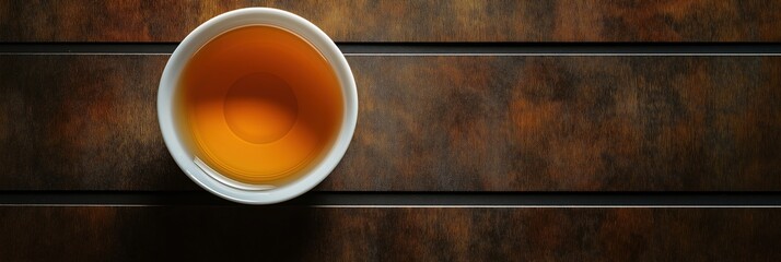 White ceramic cup of tea on rustic wooden plank table. Banner format with copy space