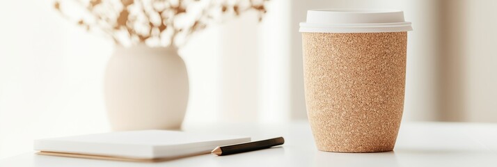 Reusable coffee cup with cork sleeve and notebook on a white table. Minimalist workspace concept with eco-friendly items and blurred flowers