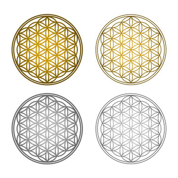 Sacred geometry flower of life set in metallic gold and silver, luxury spiritual symbols with shiny