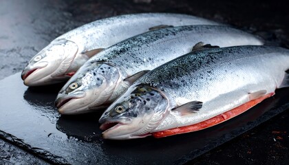 Three whole silvery fish with blue-gray backs and red meat visible, displayed on a dark, wet, textured surface