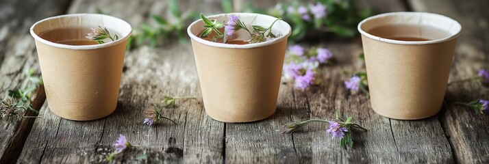 Herbal tea with fresh herbs and flowers in disposable paper cups on a rustic wooden table. Healthy organic drink concept