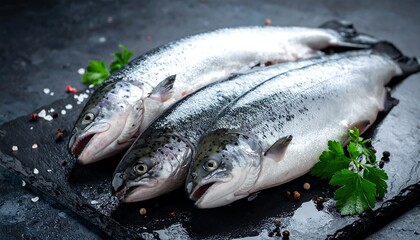 Three whole, raw fish rest on a dark platter with herbs, pepper, and salt. The focus is on the silvery skin