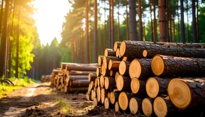 Sunny shot of logs stacked in a forest, soft-focus woods in background. Sunlight streams