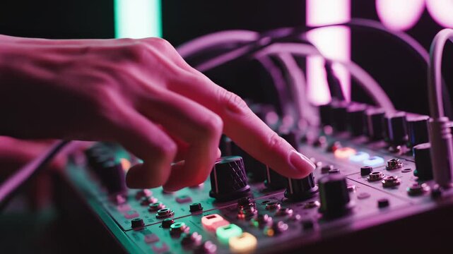 Hand adjusting knobs on electronic music equipment
