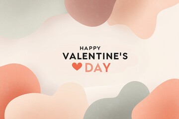 Happy Valentine's Day greeting card with text and heart icon. Background features modern, abstract, fluid organic shapes in soft pastel colors like pink, rose, and grey