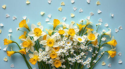 Embrace the beauty of spring as vibrant daffodils and delicate gypsophila blossom, their white and yellow petals gently swaying against a soft pastel blue backdrop, with heart-shaped confetti scattere