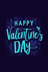 Happy Valentine's Day greeting in luminous turquoise script. Handwritten style lettering against a dark purple and blue patterned background. Modern holiday card design