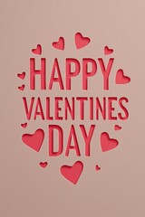 Happy Valentines Day greeting card with paper cutout text and hearts. Romantic typography design for February 14th celebration. Layered paper art style