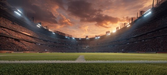 The Stadium at Sunset Filled with Fans and Dramatic Floodlit Sky