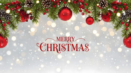 A festive holiday card featuring fir tree branches, red ornaments, and pine cones against a snowy bokeh background.