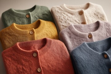 A neatly folded collection of soft, cozy, pastel color cardigans, showcasing various knit textures and warm hues. Ideal for autumn and winter fashion