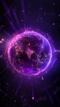 Futuristic digital globe of Earth with glowing data points network connections on a dark background. Worldwide links on planet earth at night. Concept of World communication technology. 3d animation