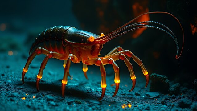 Alien deep-sea arthropods with glowing legs walk on hydrothermal vents.