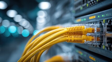 Close-up of yellow network cables plugged into servers in a data center, with blurred bokeh