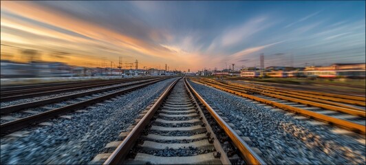 The Railway Tracks Stretching Toward a Vibrant Sunset Over an Industrial Horizon
