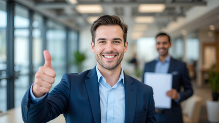 Successful businessmen in blue suits giving thumbs up and holding blank white sign in modern office; perfect for corporate announcements, advertising, and marketing templates.
