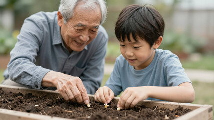 Grandfather Teaching Grandson Gardening