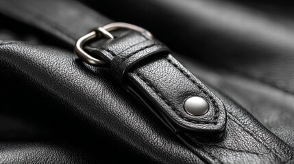 Close-up of a black leather strap with a silver buckle, showcasing the texture and craftsmanship of high-quality materials, ideal for fashion accessories and design projects