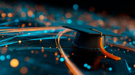 Academic graduation cap rests on a dark surface. Abstract blue and orange digital network lights create a futuristic, tech-focused background. Symbolizes learning, achievement, and modern education