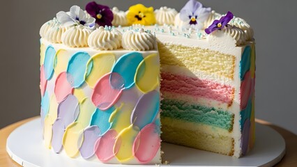 A delightful rainbow layer cake with pastel brushstroke frosting, topped with fresh edible flowers