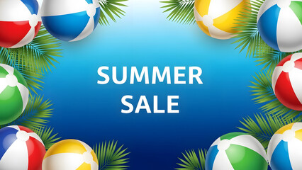 A cheerful blue background featuring "Summer Sale" text framed by colorful beach balls and palm leaves.
