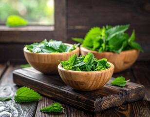 Three wooden bowls filled with vibrant green herbs sit on a dark wooden cutting board near a window. Sunlight casts shadows