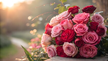 Abundant Romantic Rose Bouquet, Soft Pink and Red Velvet Blooms, Golden Hour Sunlight