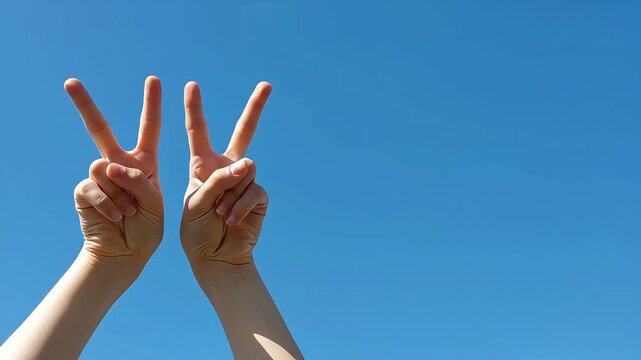 Two hands showing peace signs against clear blue sky.