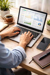 Business Professional Working on Laptop with Financial Analytics Dashboard at Modern Desk