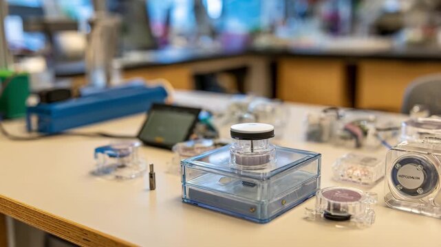 Modular smart humidity sensor setup with interchangeable parts displayed on a lab bench designed for customizable environmental data collection.