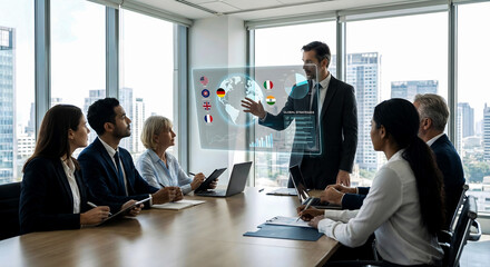 A group of business professionals in a modern office discussing global strategies with a
