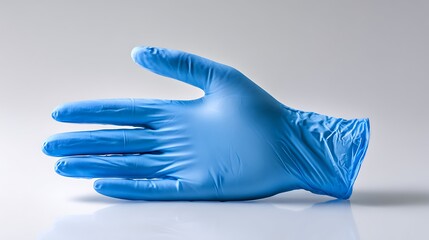 A medical blue glove is shown in a gesture, with fingers spread on a white surface