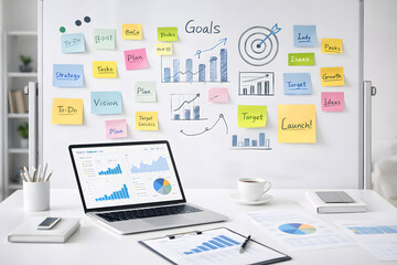 Naklejka premium Business Goals and Strategy Planning with Sticky Notes and Analytics Dashboard